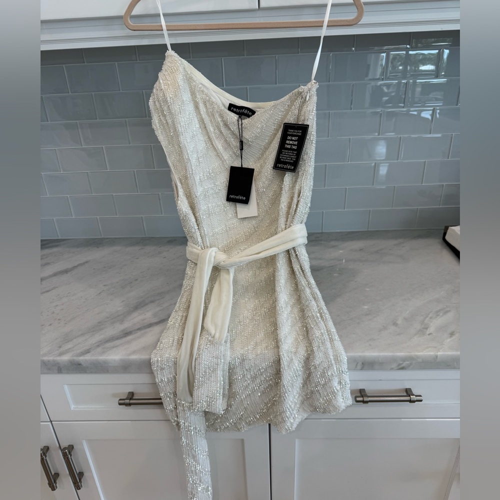 Retrofete Ivory One-Shoulder Sequin Mini Dress